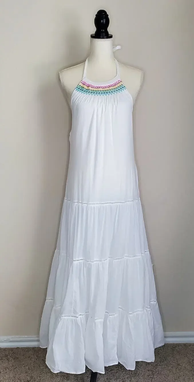 J.Crew White Embroidered Tiered Halter Maxi Dress XXS